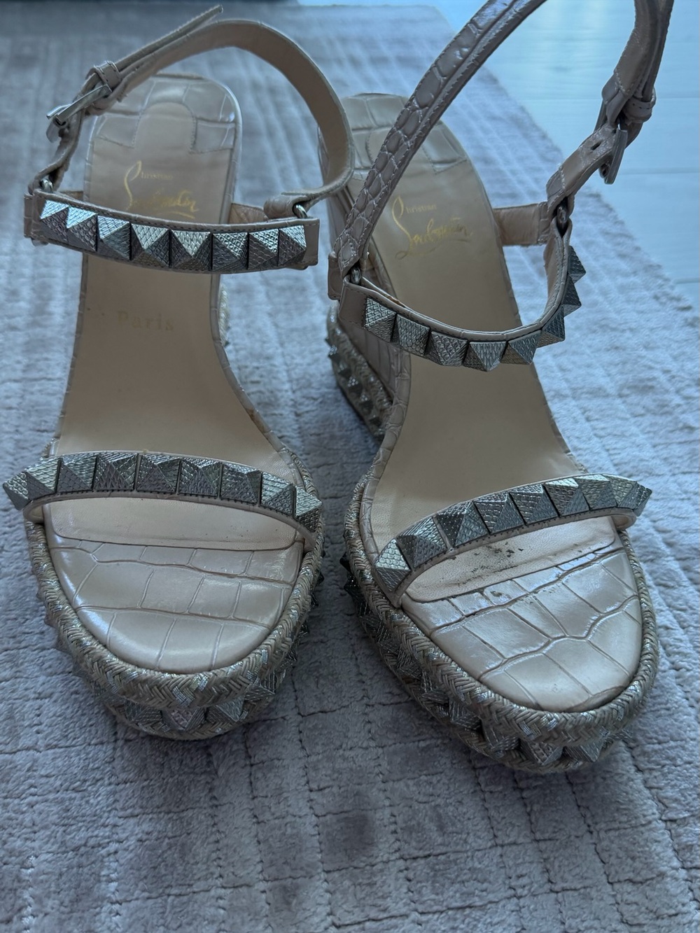 Christian Louboutin Neutral Croc-Embossed Studded Wedge Sandals